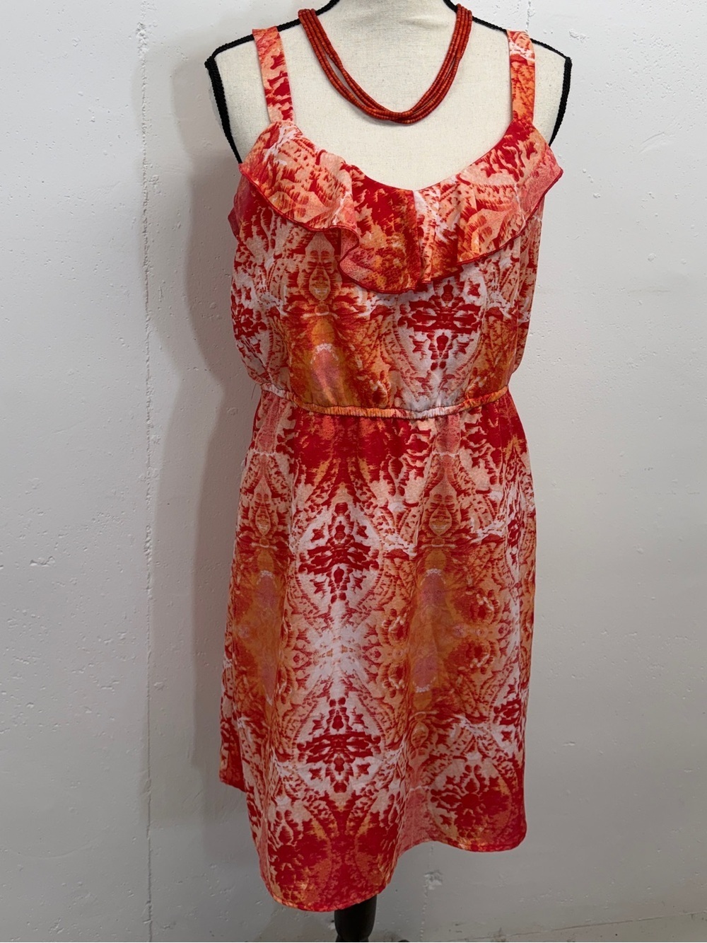 Red Patterned Ruffle-Neck Sleeveless Dress